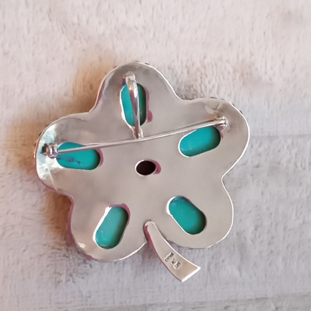 STERLING SILVER, TURQUOISE AND AMBER PIN/PENDENT - Picture 2 of 10